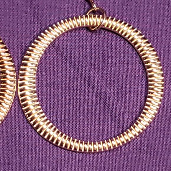 Rose Gold & Copper Tone Textured Holographic Round Dangle Drop Earrings - Picture 3 of 10